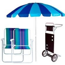 Kit 1 Guarda Sol Sky Alumínio Azul, 2 Cadeiras de Praia Alta Sortida e 1 Carrinho de Praia Preto Mor