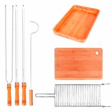 Kit Churrasco 1 Tábua, 1 Gamela, 2 Espetos Simples, 1 Espeto Duplo, 1 Grelha e 1 Espalhador de Brasa Mor